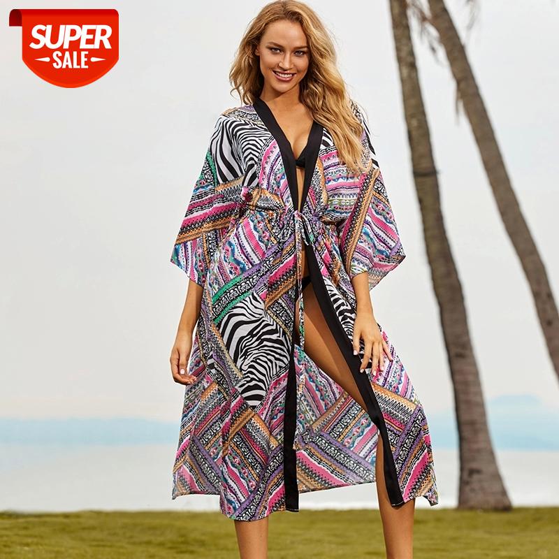 

2020 Bikini Cover-ups Bohemian Printed Long Kimono Cardigan Plus Size Tunic Women Beach Wear Swim Suit Cover Up Sarongs Q1148 #ya6t, Black;gray
