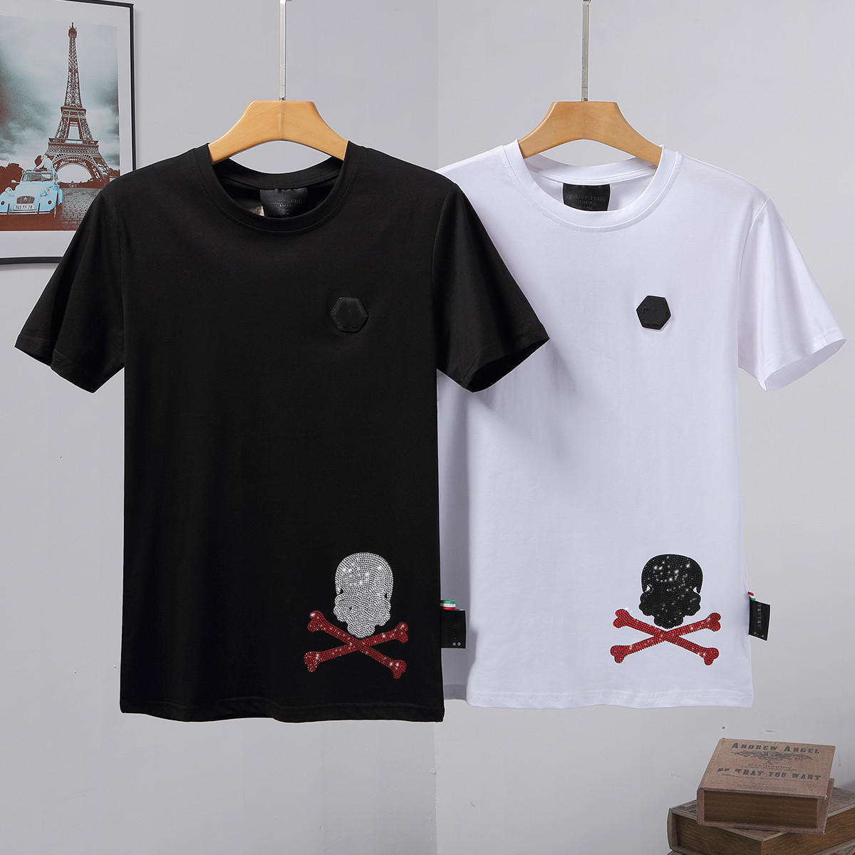 

Men T shirt diamond Skulls women Tees Letter Printed Casual Summer Breathable Short Sleeve Hip Hop Street Tee M-3XL, White;black