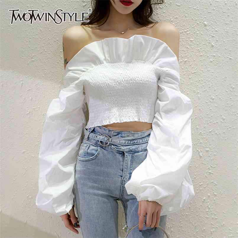 

Sexy White Slim Shirt For Women Slash Neck Lantern Sleeve Patchwork Ruffle Short Shirts Female Fashion Stylish 210524, Blue
