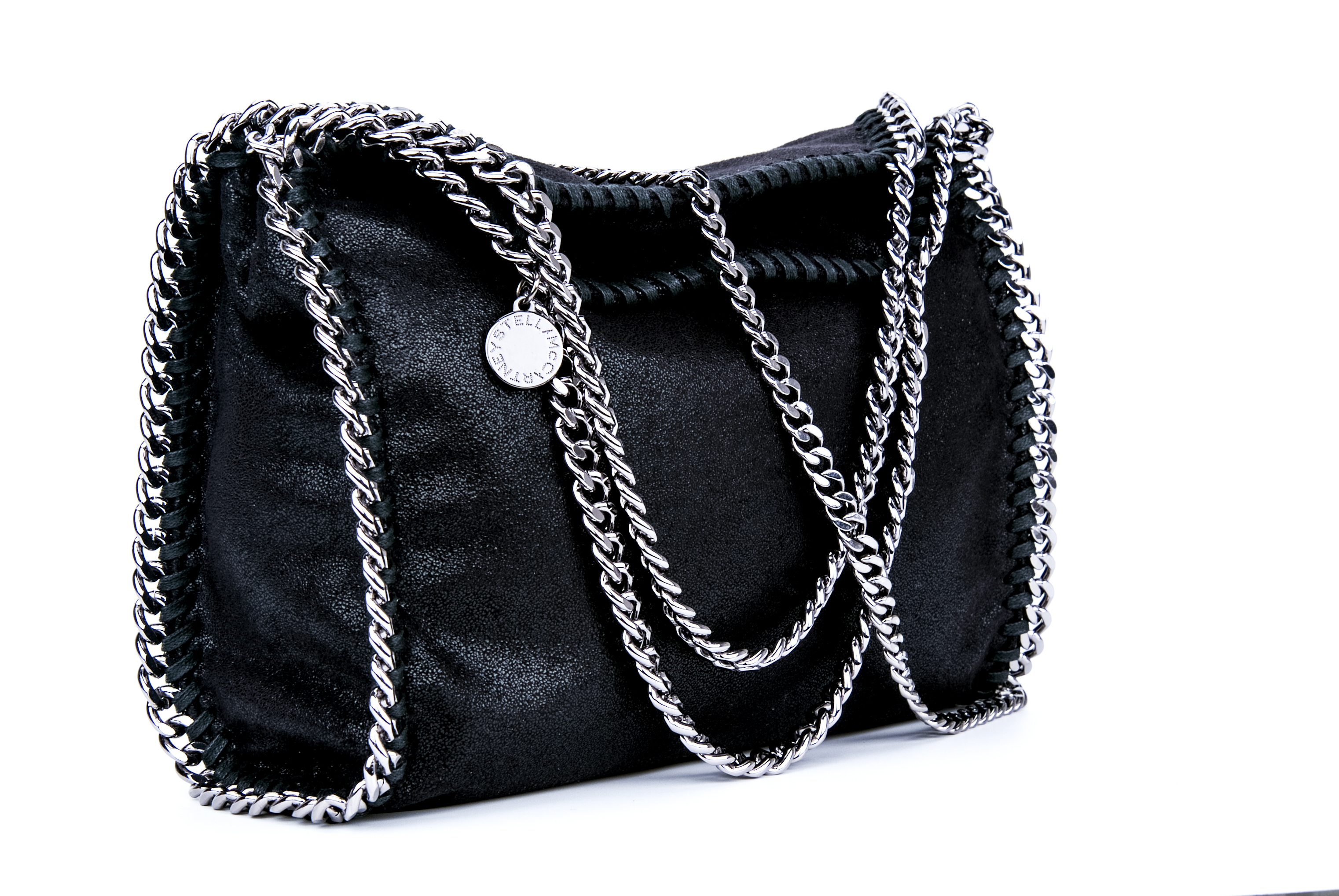 

Mini Size 18*20cm Stella Mccartney Women Shopping Bag Light Pewter Three Metals Sling Soft PVC Leather Hasp Closure, Black;light pewter chain