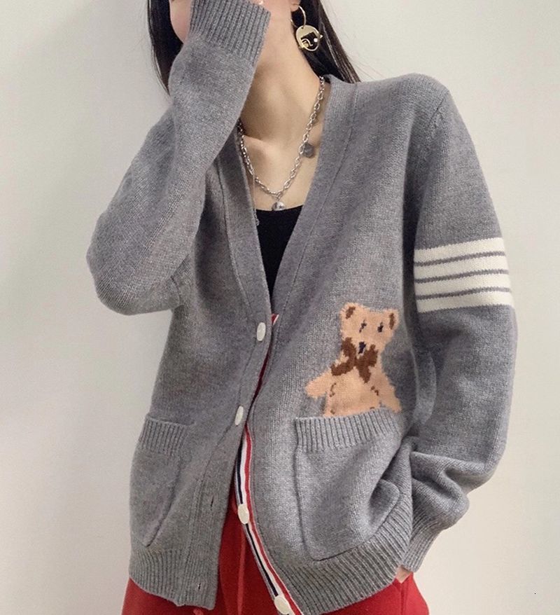 

Men's Sweaters Snow juice heavy female-style grey jacquard color crocheted long-sleeve cardigan bear striped from the cartoon sweater jacket GWYH, 1# shoe box