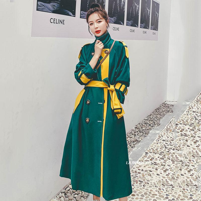 

Women' Trench Coats Spring Autumn Long Women Coat Double Breasted Green Loose Chic Hit Color Ladies Outwear Female Windbreaker With Belt