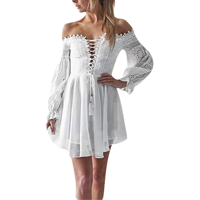 

Casual Dresses Solid Color Embroidered Off-shoulder Drawstring Dress A-Line Slash Neck Full Lantern Sleeve Stitching Women Autumn, As pic