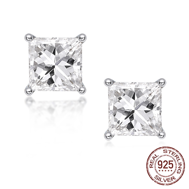 

Real Sterling Silver princess cut 9mm zirconia stud Earrings for women Wedding brincos Boucle D'oreille Femme Bijoux Jewelry E-075, Golden;silver