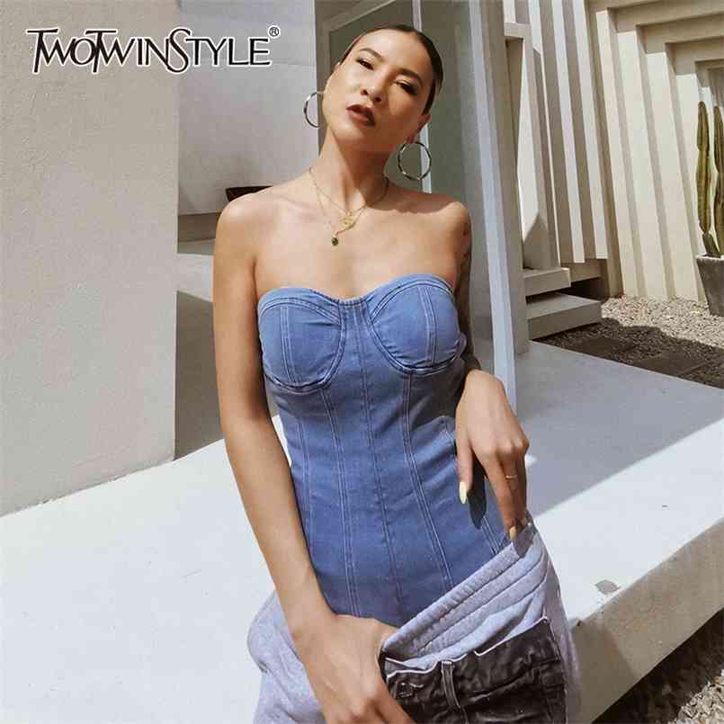 

Denim Slim Jumpsuit For Women Strapless Sleeveless High Waist Sexy Bodysuit Females Fashion Clothing Spring 210521, Blue