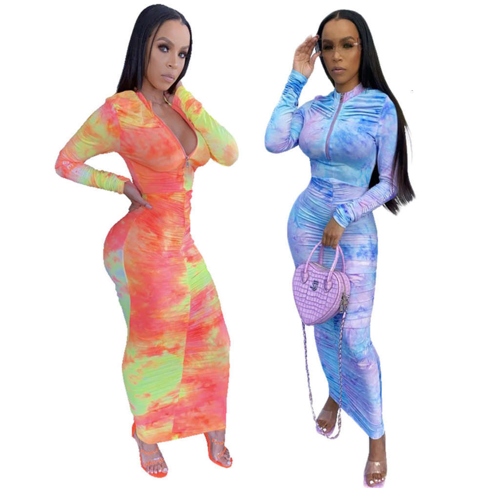 

Casual Dresses F005 women' sexy tight pleated Tie Dye Drs, Blue-violet