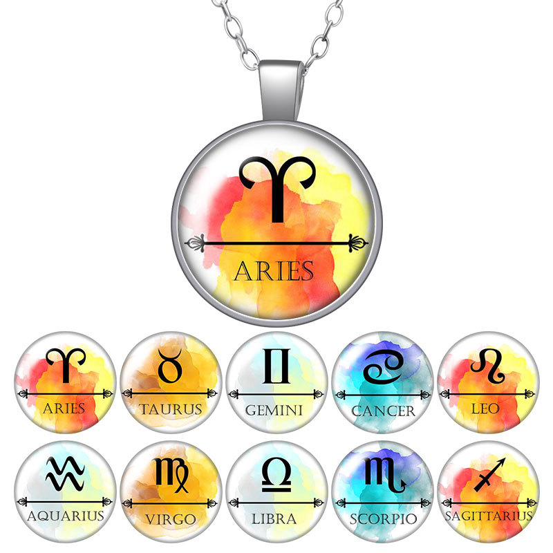 

12 Constellations Symbol Round Pendant Necklace 25mm Glass Cabochon Silver Color Jewelry Women Party Birthday Gift 50cm