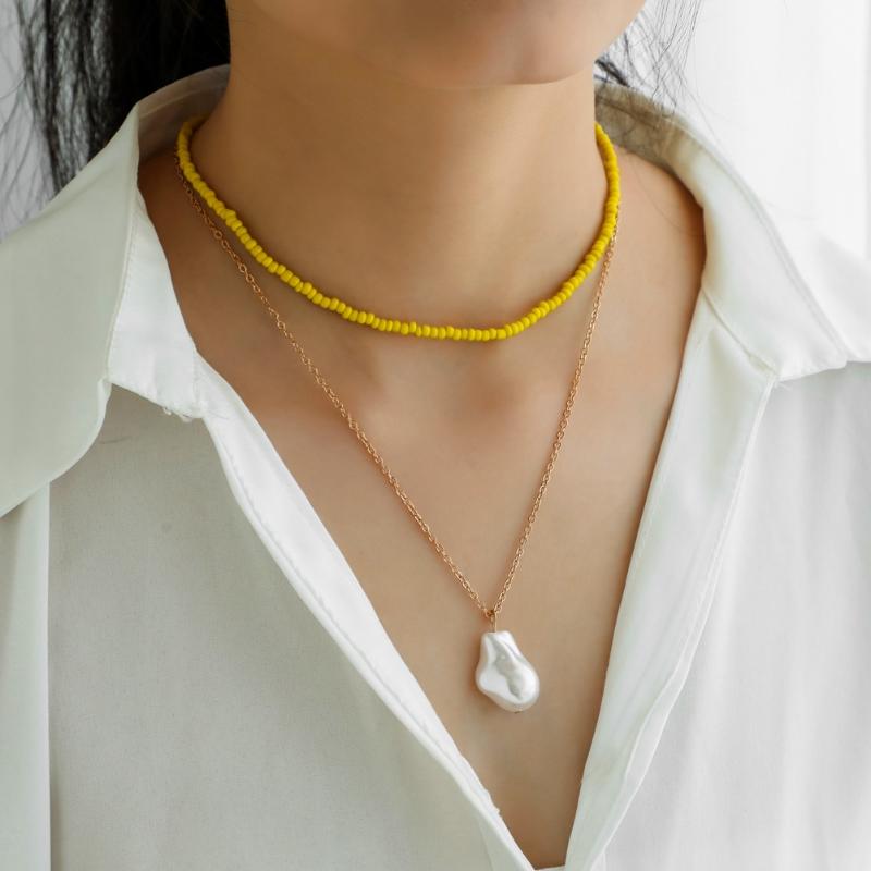 Pendant Necklaces Gold Plated Chain Rice Beads Multi Layers Clavicle Necklace With Pearl For Women Creative Ethnic Jewelry-image-708486885
