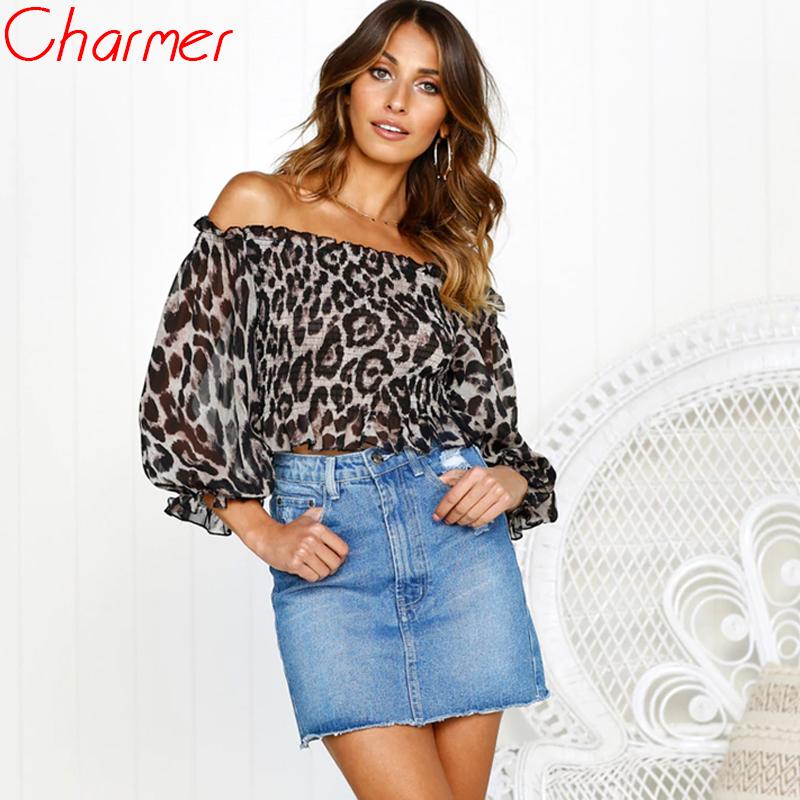 

Women' Blouses & Shirts 2021 Summer Leopard Print Chiffon Blouse Tops Women European Style Off Should Sexy Female -XL Short Top Blusas Clo