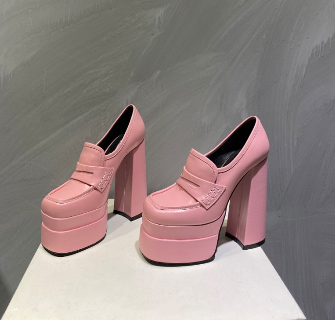 

Europe the United States new thick water platform dress shoes 15CM hate sky high square toe deep mouth chunky heel leather catwalk high heels women, Black