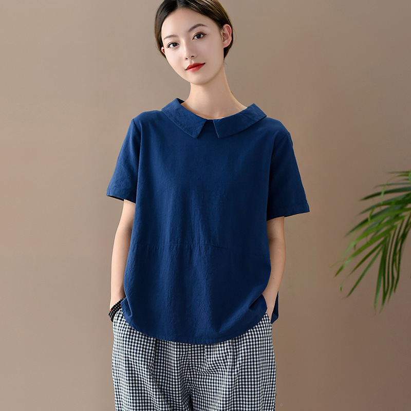 

Johnature Summer Loose Leisure Patchwork Short Sleeve Cotton Linen T-shirt Simple Comfortable Solid Color Women Tops 210521, Navy blue
