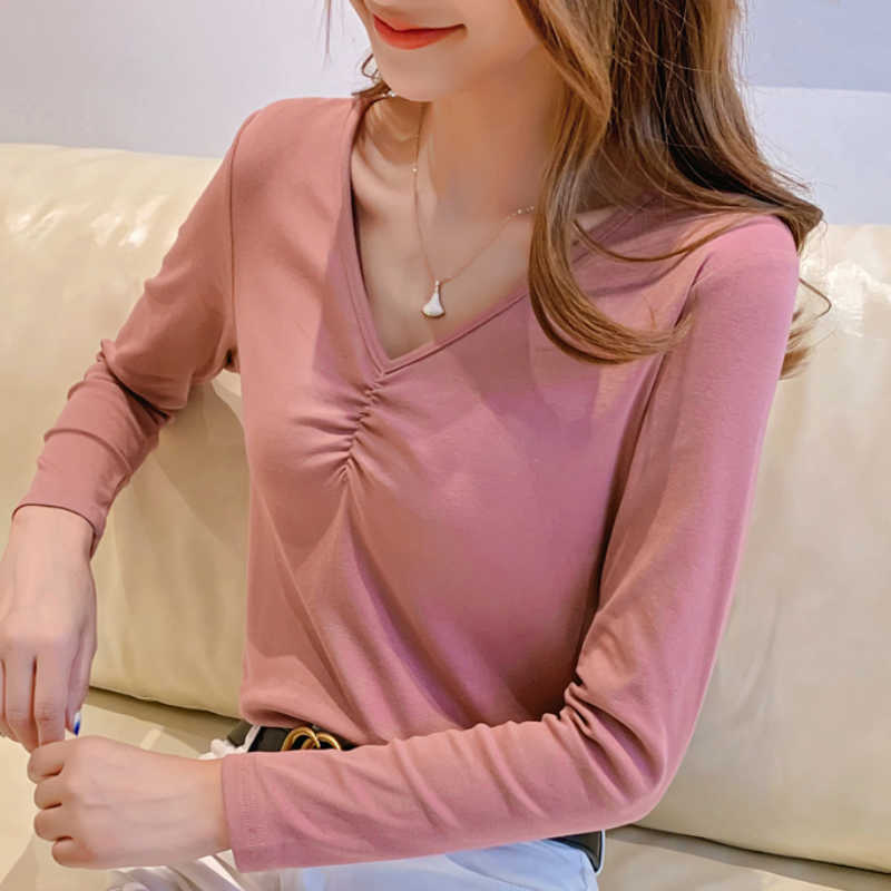 

T-shirts Fashion Woman Autumn Long Sleeve Women Shirts Solid V-neck Cotton T Shirt Women Casual T-shirt Women Tops B795 210602, White