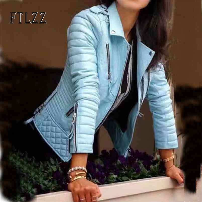 Women Fashion Leather Coat Outerwear Spring Autumn Ladies Slim Turndown Down Zipper Biker Moto Faux Leather Jacket 210909