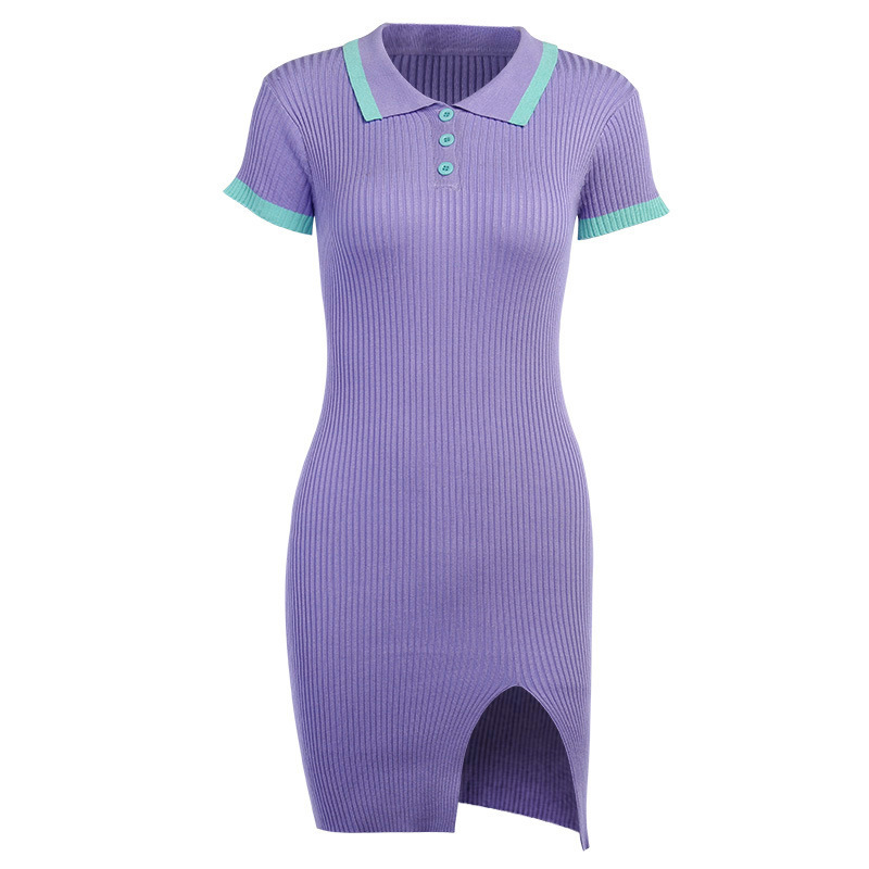 

Paris Girl Irregular Short-Sleeved Split Dress Turn-Dowm Collar Contrast Color Sweater Tight Dresses Women Summer 210524, Purple