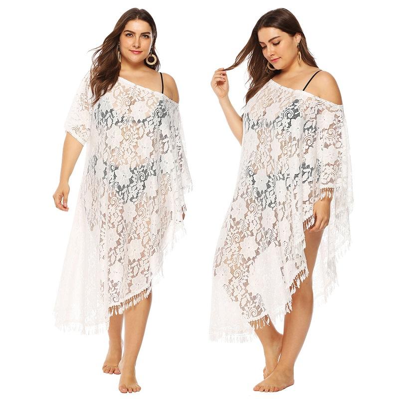 Maillot de bain en dentelle avec pompon, grande taille, Kaftan, Sexy, tunique de plage, robe de plage, paréo, ups, maillots de bain pour femmes