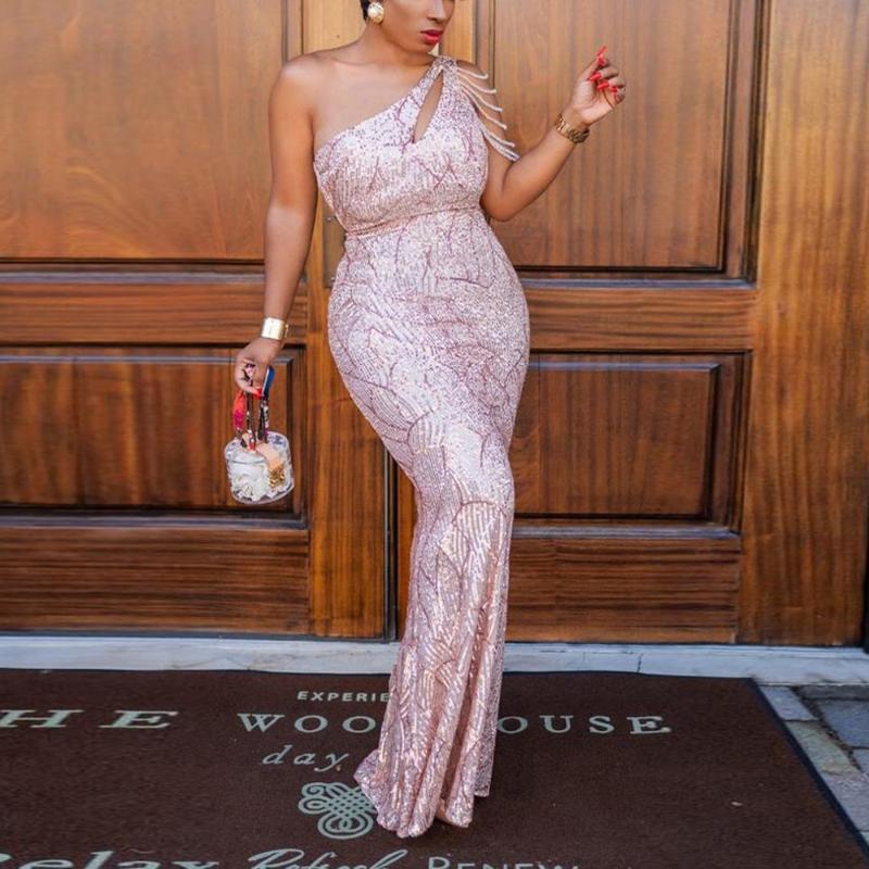 

Casual Dresses Elegant Dress Women For Wedding Party Long Sequined Beaded One Shoulder Bodycon Mermaid Floor Length Luxury Dinner Vestido Mu, Pink dress