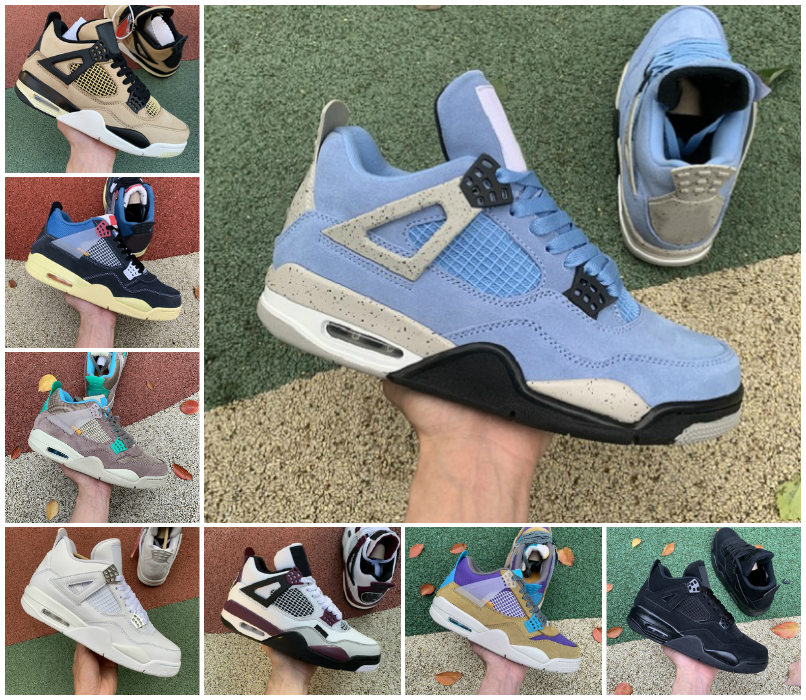 

Top Quality University Blue Mens 4 4s Basketball Shoes Union Desert Moss TAUPE HAZE Jumpman Oreo Sail White Cement What The Neon Pure Money Guava Ice Black Cat Sneakers, Box