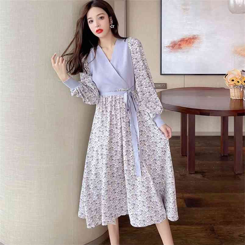 

Elegant Retro Knitted Patchwork Flowers Chiffon Midi Dress Spring Fashion V-Neck Long Sleeve High Waist Slim Female Vestido 210519, Photo color
