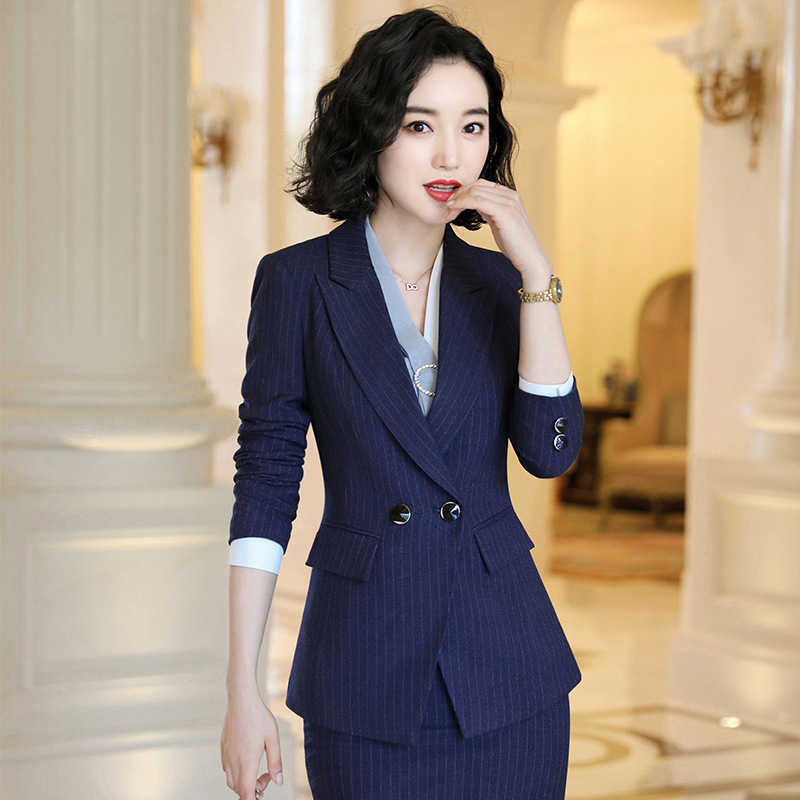 

S- Large Size Women's Striped Suit Business Work Self-cultivation Professional Wear Autumn and Winter Elegant 210527, Black blazer skirt
