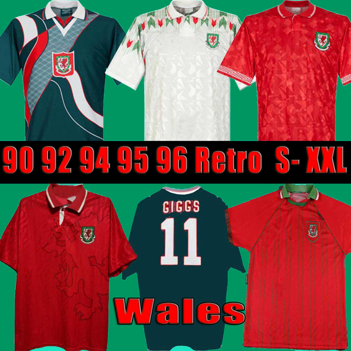 

1990 1993 Gales Wales 1992 1994 1995 1996 retro soccer jersey Giggs Hughes HOME AWAY Saunders Rush Boden Speed vintage classic football shirt, Wales 94 95