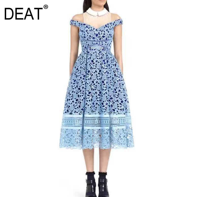 

DEAT Women Fashion Temperament High Waist Sleeveless Hollow Out Turn-down Collar Lace Midi Dress Female Spring Summer 13D005 210527, Light blue