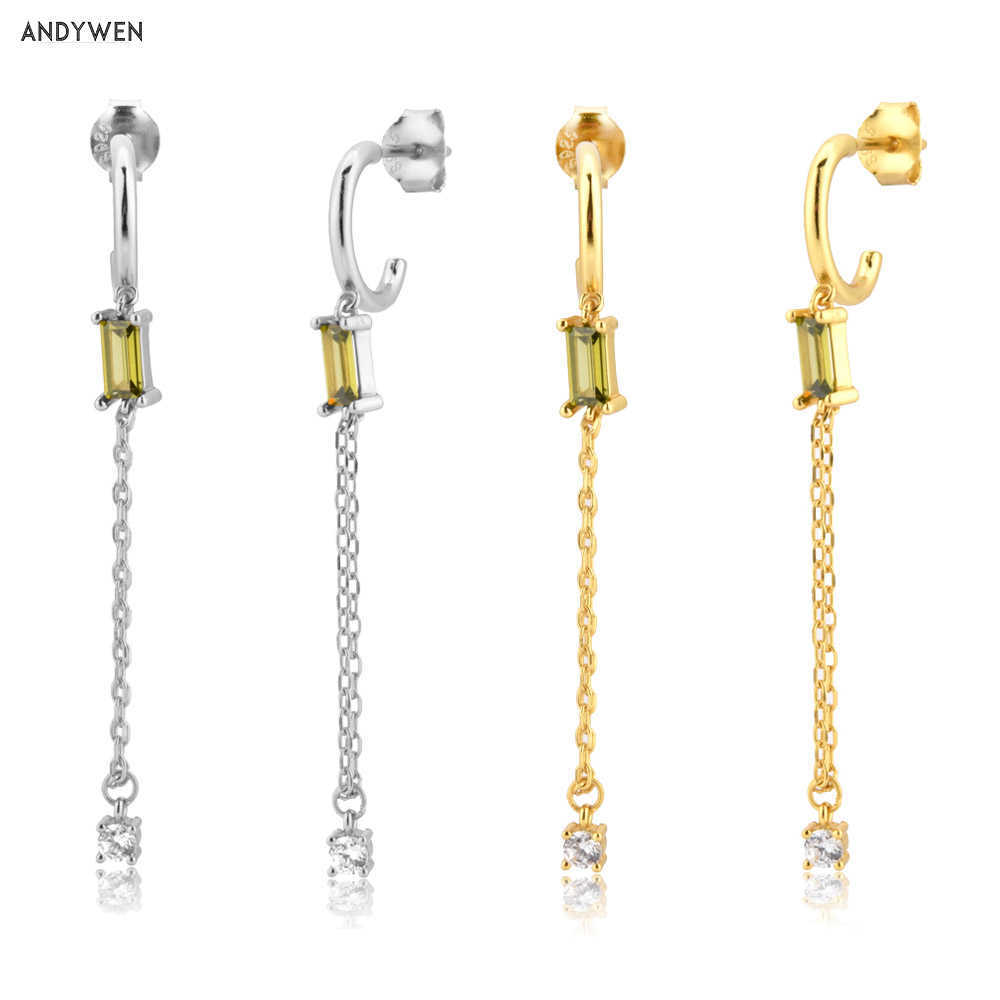 

ANDYWEN 925 Sterling Silver Olive Zircon Drop Earring Chain Luxury Circle Fashion Fine Jewelry For Rock Punk Jewels 210608