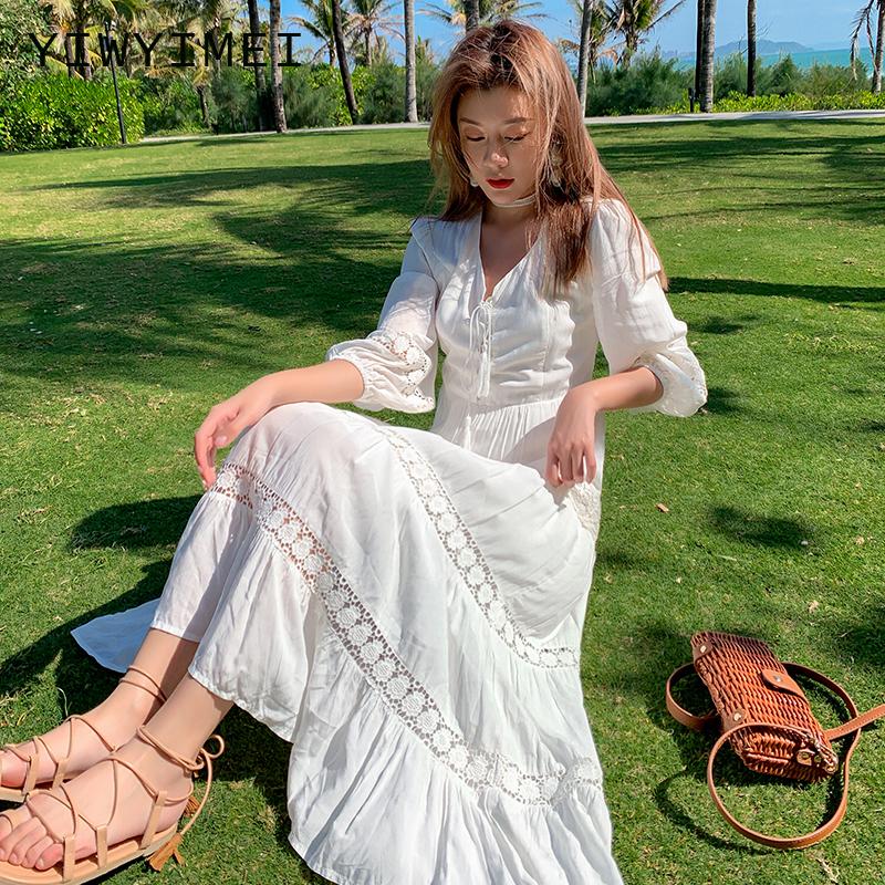 

Casual Dresses Korean White Boho Beach Summmer Dress V-Neck Long Sleeve Hollow Out Midi Party High Waist A-Line Cotton Lace Up C041