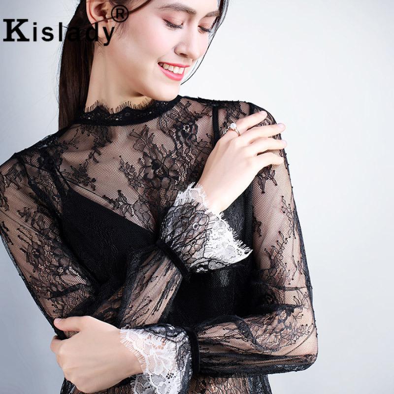

Women' Blouses & Shirts Kislady 2021 Spring Summer Transparent Black Lace Blouse Fashion Patchwork Mesh Top See Through Women Sexy Shirt