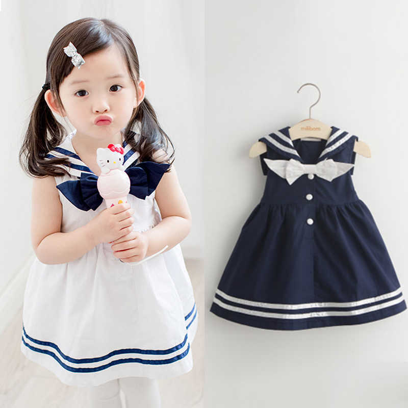 

Summer 2-10T Years Children Sweet Sleeveless Vest Bow Sailor Collar Navy Blue White Patchwork Little Kids Navy Girls Dress 210701