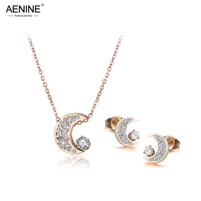 

Earrings & Necklace AENINE Fashion Cubic Zirconia Moon Choker Necklaces Sets For Women Rhinestone Stainless Steel Female Jewelry ASE013, Silver