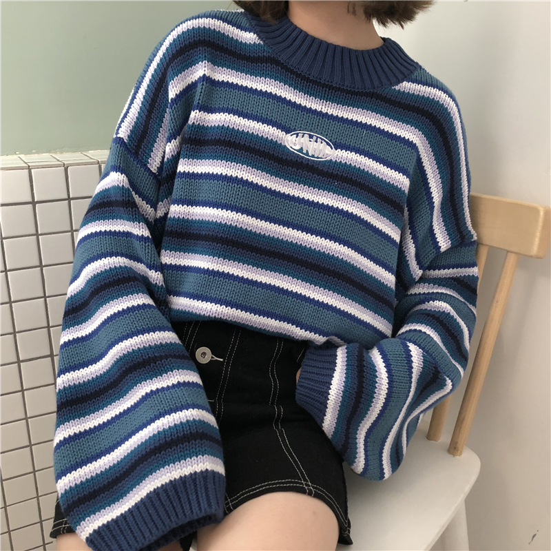 

Female Korean Harajuku Clothing For Women Loose Wild Striped Student Sweater Womens Sweaters Kawaii Ulzzang Pullover Jumper, Blue
