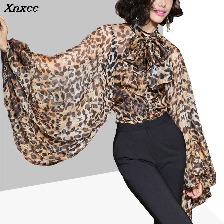 

Women' Blouses & Shirts Xnxee Leopard Shirt Female Chiffon Lace Up Bow Lantern Sleeve Oversize Blouse Top For Women Summer Fashion Sexy Clo, Black