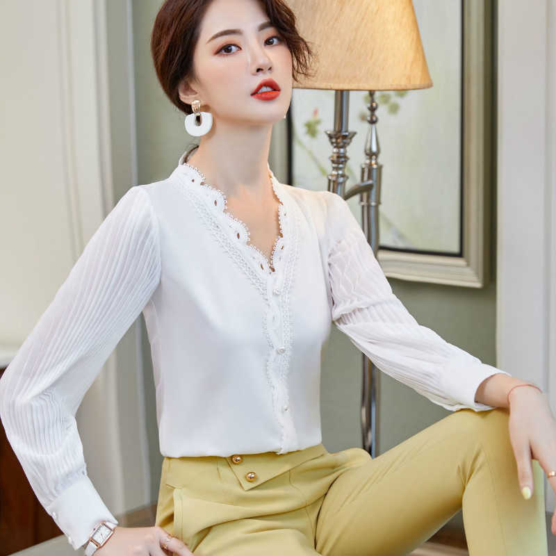 

Plus size women professional office Female shirt Temperament solid color pleated sleeve ladies bottoming high quality 210527