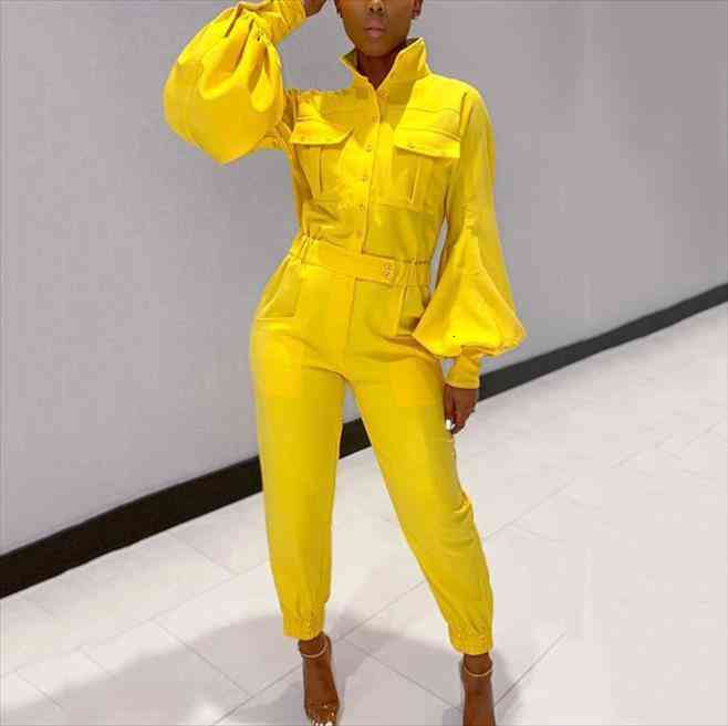 

Jumpsuits For Women Yellow Lantern Sleeve Turn Down Collar Fashion Causal Sport Elegant Long Jumpsuits Ladies Clothes, Black;white