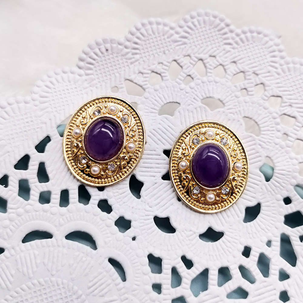 

earrings French palace que OVAL DIAMOND white pearl purple silver needle Earrings ear clip 479, Golden
