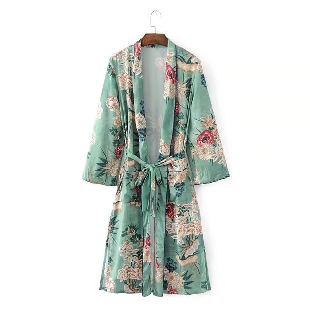 

Women's Blouses & Shirts Floral print blouses shirts long kimono Women sashes pocket cardigan Elegent sleeve summer bohemian blous, Green