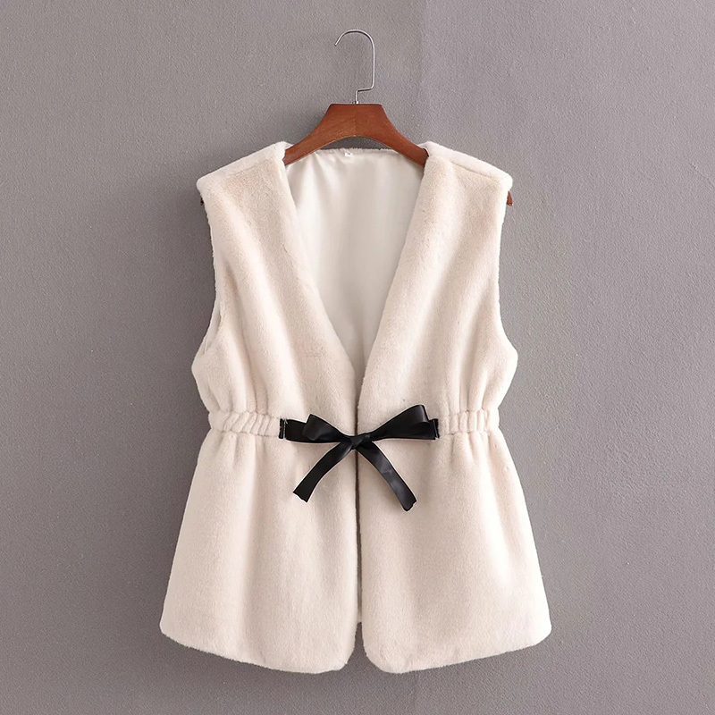 

Women Keep Warm Sweet Back Waist Lace Up Faux Fur Vest Female Fashion Simple V-Neck Sleeveless Coat 210520, Beige