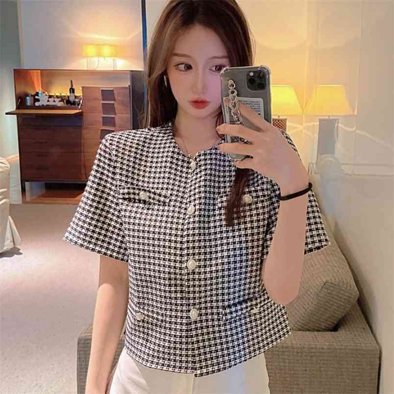 

Summer Korean Fashion Short Sleeve Plaid Woman Jacket Vintage Temperament Elegant Office Lady Single-Breasted Chic Top 210519, Photo color