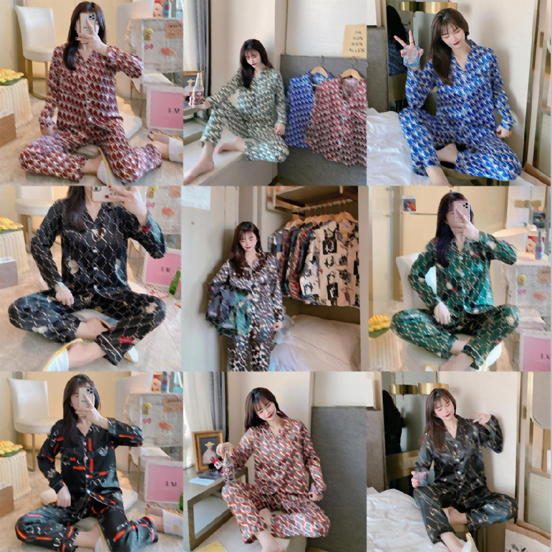 

10Styles Winter Fall Letters Print Silk Pajamas Sets Home Textile Fashion Casual Women Red Green Stripe Long Sleeve Lapel Cardigan Sleepwear Night Clothing, As pic