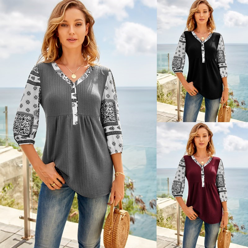 

Tribal Print V Neck 3/4 Sleeve Tunic Top, White