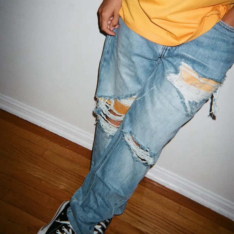 

Drew House Jeans Mini Smile Face Hole High Street Denim Trousers for Men and Women Quality Designer Tide Fashion Pants, Blue