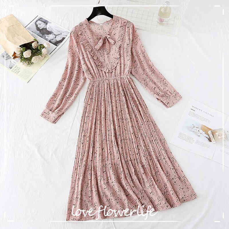 

Floral Print Pleated Chiffon Dress Casual Long Sleeve Elastic Waist Women Dress Elegant Ladies Long Dress Party Vestidos 210521, Light green