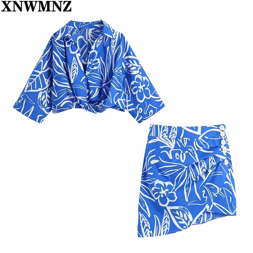 

Women Fashion Floral Print Short Shirt Lady Irregular Hem Knotted Pleat Kimono Blouse Roupas Chic Crop Blusas Tops 210520, Deep blue