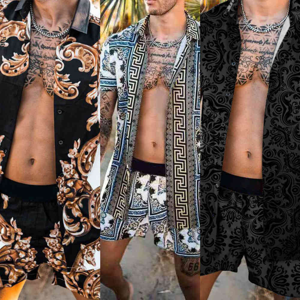 

Fashion Hawaiian Sets Man Printing Short Sleeve Button Shirt Beach Shorts 2021 Summer Streetwear Casual Beach Shirt Set Men 2Pcs X0601, C1