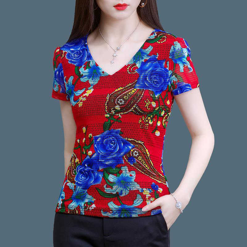

Women Summer Style Mesh Blouses Shirts Lady Casual Short Sleeve V-Neck Slim Flower Printed Blusas Tops DF3735 210609, Red