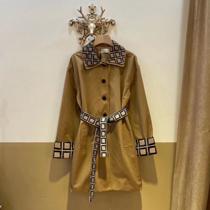 

Womens Trench Coats Fashion Letter Pattern Double Collar with Belt Autumn Long Sleeve Casual Windbreaker, Khaki