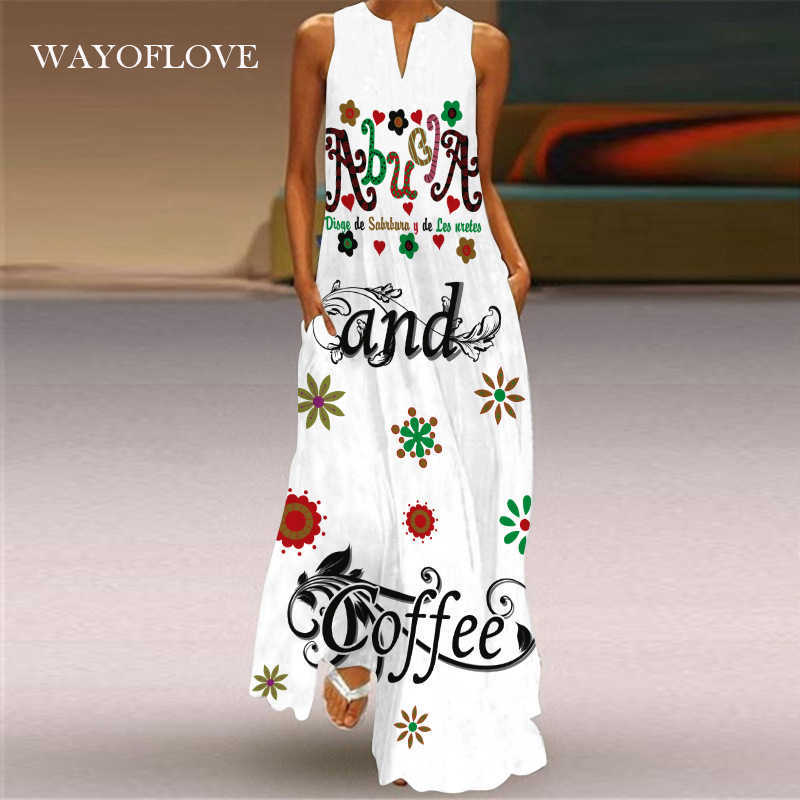 

WAYOFLOVE Coffee Letter Print White Dress Casual Plus Size Long Dresses Summer Woman Sleeveless Girl Beach Maxi Dress Women 210602, Vlcq-78