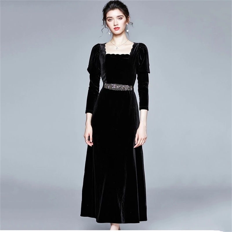 

Designer Dresses Runway Party Long French Style Puff Sleeve Vintage Black Velvet Dress Autumn Winter 210603, Picture color