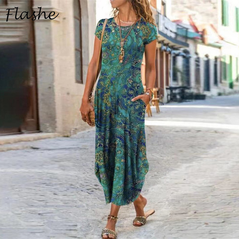 

Vintage Party Dresses For Women Floral Print Short Sleeve Summer Dress Women Plus Size Sundress Pocket Beach Long Dress Boho Cl, 01
