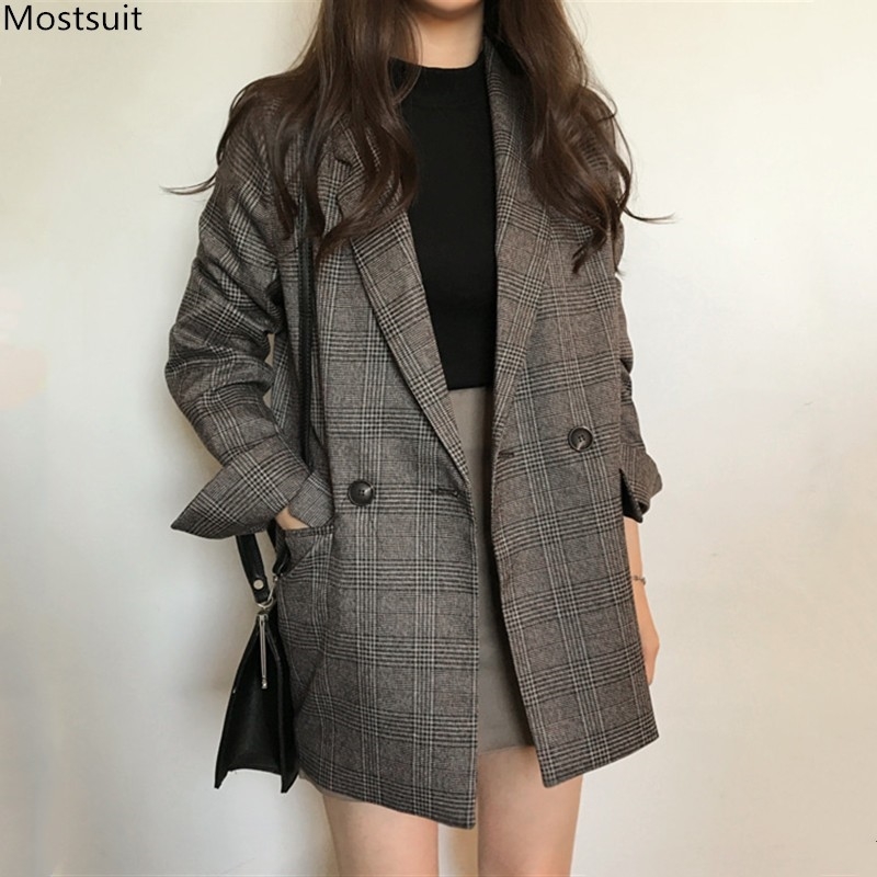 

Spring Autumn Women Vintage Plaid Blazer Long Sleeve Loose Coat Office Lady Korean Jackets Chaqueta 210518, Coffee